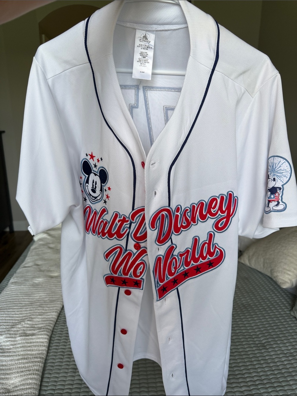 Disney White Men’s Baseball Jersey with Red & Navy Walt Disney World Script